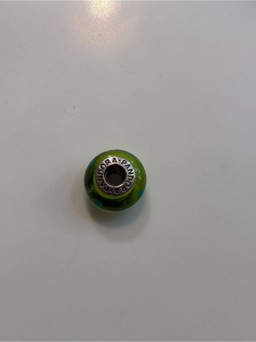 Authentic Pandora Lime Green Glass Charm with Blue Polka Dots